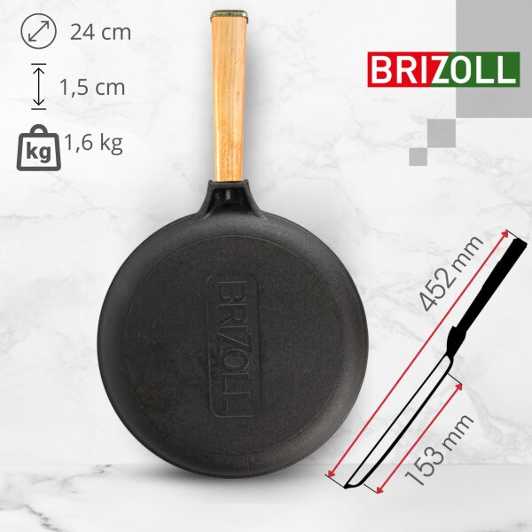 Pfannkuchen Bratpfanne aus Gusseisen 24 cm BRIZOLL mit Holzgriff abschraubbar und Pfannenwender Pancake Crepes Alle Herdarten inkl. Induktion Crepepfanne Omlettpfanne
