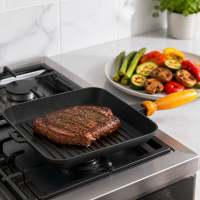 Grillpfanne 28 cm Gusseisen Steakpfanne Bratpfanne Holzgriff Gasgrill Induktion Pfanne