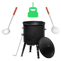 Ø40cm Uchag 2mm Stahl 12L Kazan Gusseisen Feuerstelle Kasan WOK Campingofen Utschak Utschag Feldküche Außenküche Eintopfofen mit Schaumkelle Suppenkelle Grillfächer
