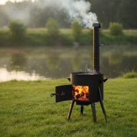 Ø40 Uchag 2mm Stahl mit Abzugsrohr 12L Kazan Utschak Utschag Kasan WOK Feuerstelle Feldküche Campingofen Außenküche Eintopfofen mit Schaumkelle Suppenkelle Grillfächer