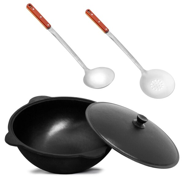 Original Usbekischer Kasan 8 L aus Gusseisen mit Aluminium-Deckel – Namangan Schwenktopf Dutch Oven Feuertopf für Camping Outdoor inkl. Schöpfkelle Schaumlöffel