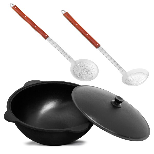 Original Usbekischer Kasan 16 L aus Gusseisen mit Aluminium-Deckel – Namangan Schwenktopf Dutch Oven Feuertopf für Camping Outdoor inkl. Schöpfkelle Schaumlöffel