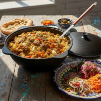 Original Usbekischer Kasan 16 L aus Gusseisen mit Aluminium-Deckel – Namangan Schwenktopf Dutch Oven Feuertopf für Camping Outdoor inkl. Schöpfkelle Schaumlöffel