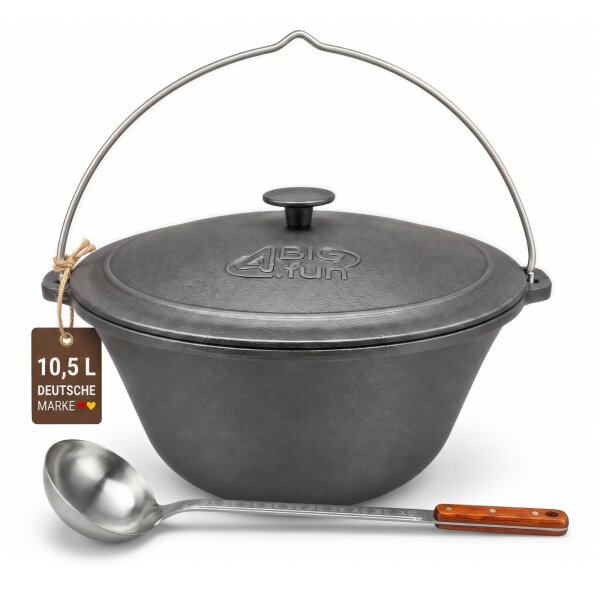 Kazan 10,5L aus Gusseisen mit Gusseisendeckel und Schöpflöffel - Schwenktopf Campingtopf Kessel mit Bügel für alle Herdarten Ofen offenes Feuer