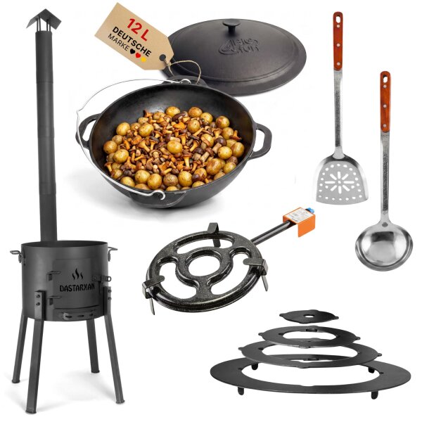 Premium Utschak Komplettset Ø40cm Uchag 2mm Stahl mit Abzugsrohr 12L Kazan Gusseisendeckel Adapterringe Pfannenwender Schöpflöffel Kasan Feldküche Feuerstelle Campingofen
