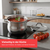 Frittiertopf 3,5 L Edelstahl Fritteuse mit Frittierkorb und Glasdeckel Pommestopf für alle Herdarten inkl. Induktion