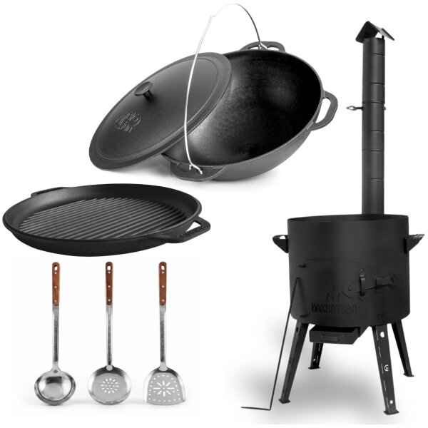 Utschak Set 40 cm 12 L Gusseisen Kazan Kasan Feuerofen Feldküche Dutch Oven Grillpfanne Outdoor Küche Plov Topf Gusseisentopf