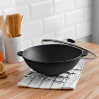 Ø28cm Wok Bratpfanne aus Gusseisen mit zwei Griffen + Glasdeckel Asia Wokpfanne Induktion