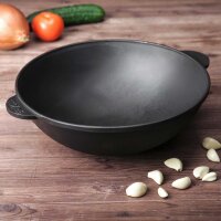 Ø28cm Wok Bratpfanne aus Gusseisen mit zwei Griffen + Glasdeckel Asia Wokpfanne Induktion