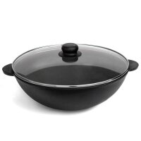 Ø28cm Wok Bratpfanne aus Gusseisen mit zwei Griffen + Glasdeckel Asia Wokpfanne Induktion