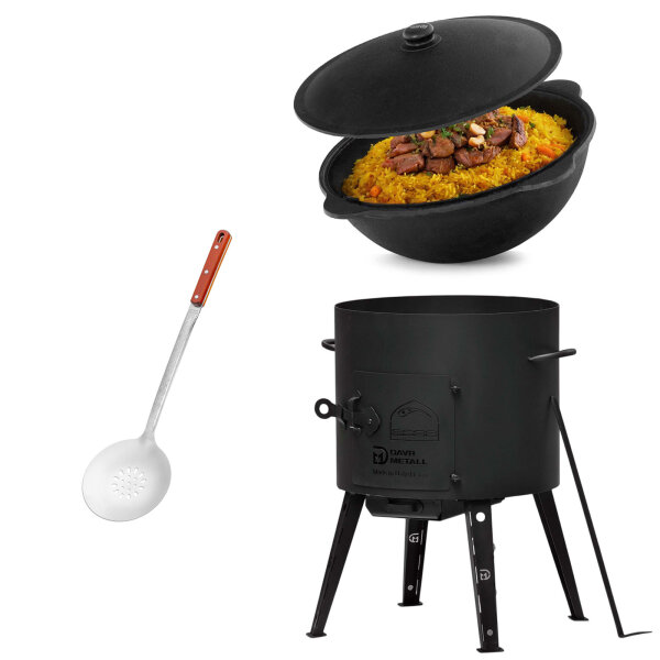 Ø40cm Uchag 2mm Stahl 12L Kazan Gusseisen mit Dekel Schaumkelle Utschak Feuerstelle  WOK Kasan  Utschag Campingofen Feldküche Außenküche Eintopfofen