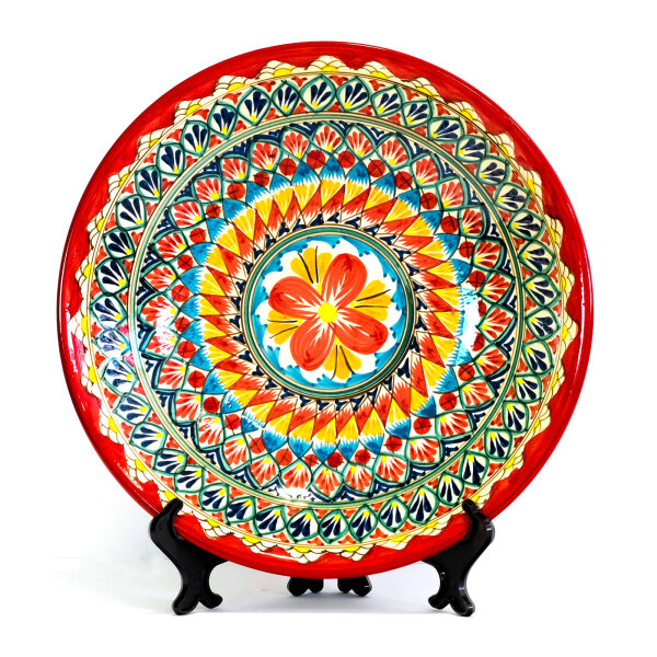 Usbekische Rischtan Lagan Ø34 cm Oriental Ljagan Keramik Schale Plate Glasur Teller Handarbeit Rot