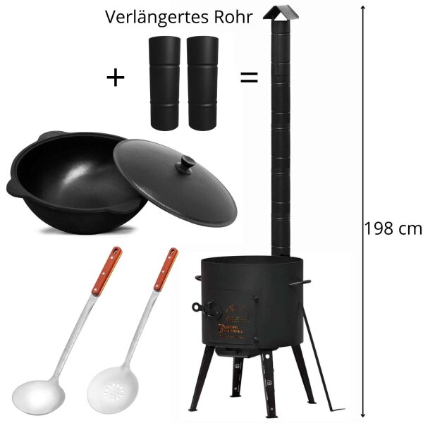 Ø40 Uchag 2mm Stahl mit verlängertem XXL-Abzugsrohr 12L Kazan Kasan (flacher boden) Utschak Utschag Feldküche Feuerstelle Campingofen Außenküche Eintopfofen Schaumkelle Suppenkelle