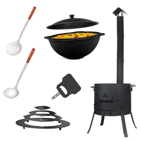 Ø40cm Uchag 2mm stahl Utschak mit Abzugsrohr 12L Kazan eben Deckel aus Aluminium Kasan Utschag Feldküche Feuerstelle Campingofen Außenküche Eintopfofen