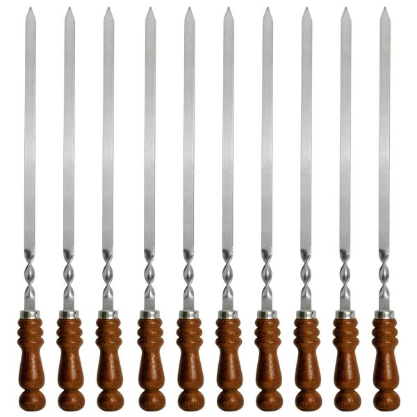 10 stk. set BBQ Edelstahlspieß mit Holzgriff 65cm lang 1,2cm breit 3mm Stark Grillspiesse