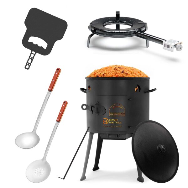 Ø36cm Uchag 2mm stahl Gasbrenner 8L Kazan WOK Utschak Utschag Feldküche Kasan (Runder boden) Feuerstelle Campingofen Außenküche Eintopfofen mit Schaumkelle Suppenkelle Grillfächer