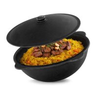Ø36cm Uchag 2mm stahl Gasbrenner 10L Kazan WOK Utschak Utschag Feldküche Kasan (Runder boden) Feuerstelle Campingofen Außenküche Eintopfofen mit Schaumkelle Suppenkelle Grillfächer