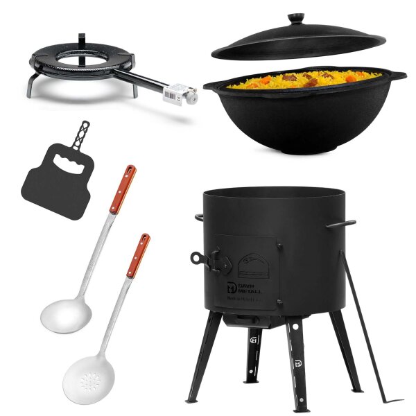 Ø41cm Uchag 2mm stahl Gasbrenner 12L Kazan Utschak Utschag Feldküche Kasan (flacher boden) Feuerstelle Campingofen Außenküche Eintopfofen mit Schaumkelle Suppenkelle Grillfächer
