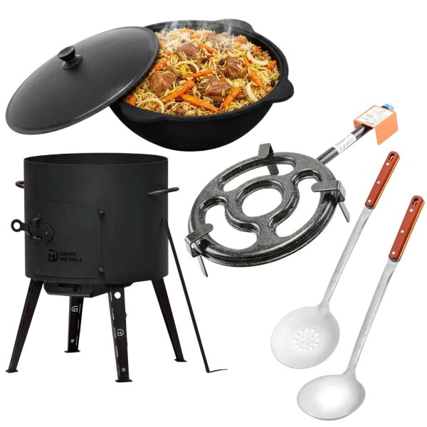 Outdoor Kochset mit Feuerstelle Ø40 cm 2 mm Stahl Gusseisen Kasan 12L aus Namangan mit Aluminiumdeckel Gasbrenner Dutch Oven Set Schaumkelle Suppenkelle