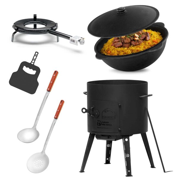 Ø41cm Uchag 2mm stahl Gasbrenner 12L Kazan WOK Utschak Utschag Feldküche Kasan (runder boden) Feuerstelle Campingofen Außenküche Eintopfofen mit Schaumkelle Suppenkelle Grillfächer