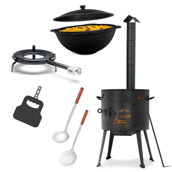 Ø36cm Uchag 2mm stahl mit Abzugsrohr Gasbrenner 8L Kazan Utschak Utschag Feldküche Kasan (flacher boden) Feuerstelle Campingofen Außenküche Eintopfofen mit Schaumkelle Suppenkelle Grillfächer