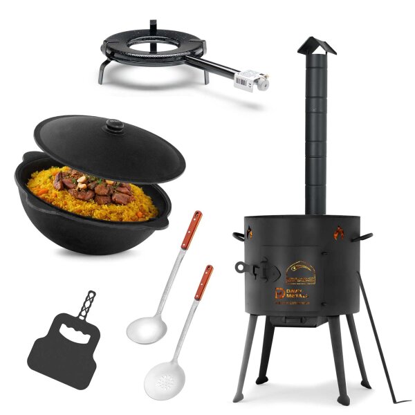 Ø36cm Uchag 2mm stahl mit Abzugsrohr Gasbrenner 8L Kazan WOK Utschak Utschag Feldküche Kasan (Runder boden) Feuerstelle Campingofen Außenküche Eintopfofen mit Schaumkelle Suppenkelle Grillfächer