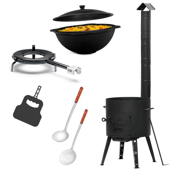 Ø40cm Uchag 2mm stahl mit Abzugsrohr Gasbrenner 12L Kazan Utschak Utschag Feldküche Kasan (flacher boden) Feuerstelle Campingofen Außenküche Eintopfofen mit Schaumkelle Suppenkelle Grillfächer