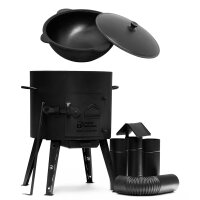 Ø40cm Uchag 2mm stahl mit Abzugsrohr Gasbrenner 12L Kazan Utschak Utschag Feldküche Kasan (flacher boden) Feuerstelle Campingofen Außenküche Eintopfofen mit Schaumkelle Suppenkelle Grillfächer