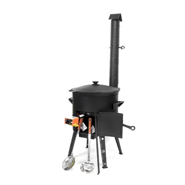 Ø40 Uchag 2mm stahl mit Abzugsrohr Gasbrenner 12L Kazan WOK Feldküche Kasan (runder boden) Utschak Utschag Feuerstelle Campingofen Außenküche Eintopfofen mit Schaumkelle Suppenkelle