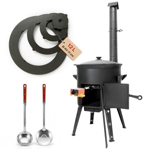 Utschak Ø40 cm 2 mm Stahl Abzugsrohr 12 L Gusseisen Kasan Brenner Adapterring WOK Feldküche Utschag Feuerstelle Campingofen Eintopfofen Außenküche Schaumkelle Suppenkelle