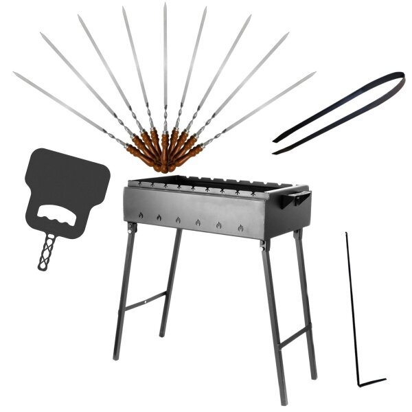 Klappbarer Schaschlikgrill 60 cm aus 2 mm Stahl, Holzkohlegrill mit 9 Edelstahlspießen mit Holzgriff & Grillfächer BBQ Mangal