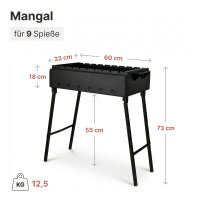 Klappbarer Schaschlikgrill 60 cm aus 2 mm Stahl, Holzkohlegrill mit 9 Edelstahlspießen mit Holzgriff & Grillfächer BBQ Mangal