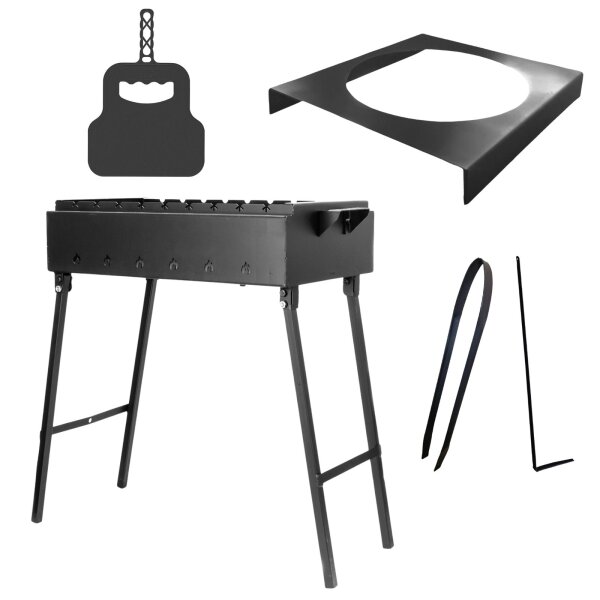 Mangal Klappbarer Holzkohlegrill 2 mm Stahl mit Grillfächer Feuerhaken Grillzange Adapter BBQ Grill für Schaschlik
