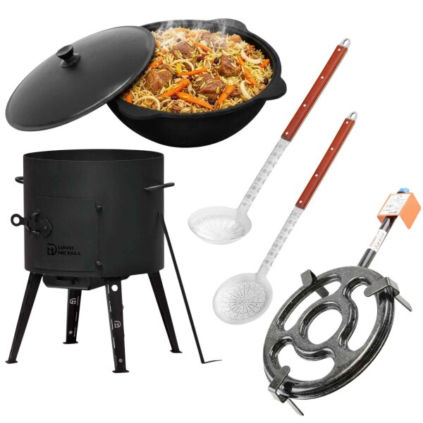Outdoor Kochset mit Feuerstelle Ø44 cm 2 mm Stahl Gusseisen Kasan 16L aus Namangan mit Aluminiumdeckel Gasbrenner Dutch Oven Set Schaumkelle Suppenkelle