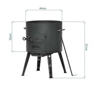 Outdoor Kochset mit Feuerstelle Ø44 cm 2 mm Stahl Gusseisen Kasan 16L aus Namangan mit Aluminiumdeckel Gasbrenner Dutch Oven Set Schaumkelle Suppenkelle
