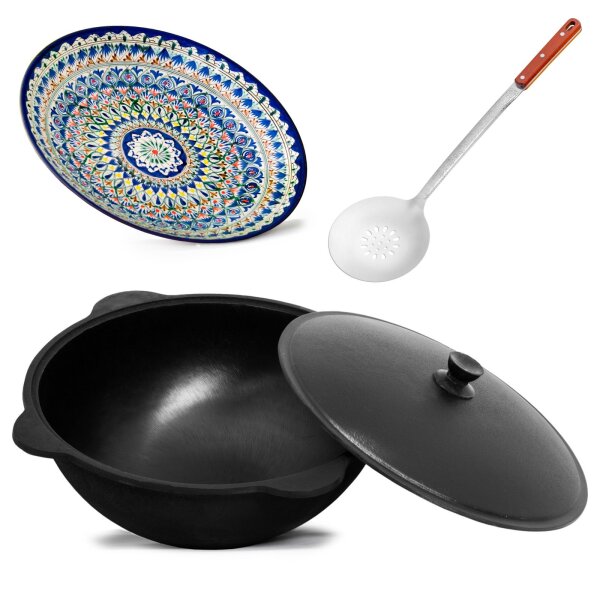 Kasan Gusseisen 12L mit Aluminium Deckel flacher Boden Schaumkelle Lagan handbemalt Original Usbekistan Kochset für Plov Wok Grill
