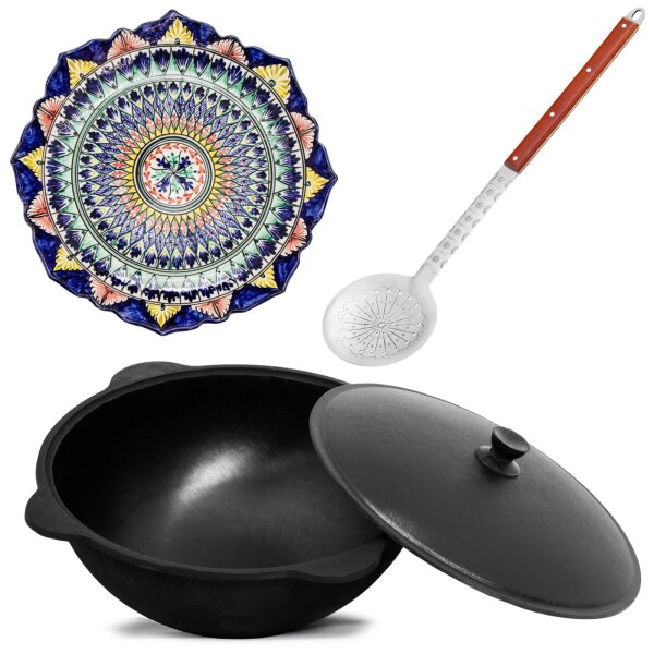 Kasan Gusseisen 16L mit Aluminium Deckel flacher Boden Schaumkelle Lagan handbemalt Original Usbekistan Kochset für Plov Wok Grill