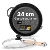 Premium tiefe Gusseisenpfanne 24 cm mit Glasdeckel...