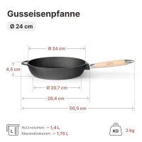Premium tiefe Gusseisenpfanne 24 cm mit Glasdeckel...