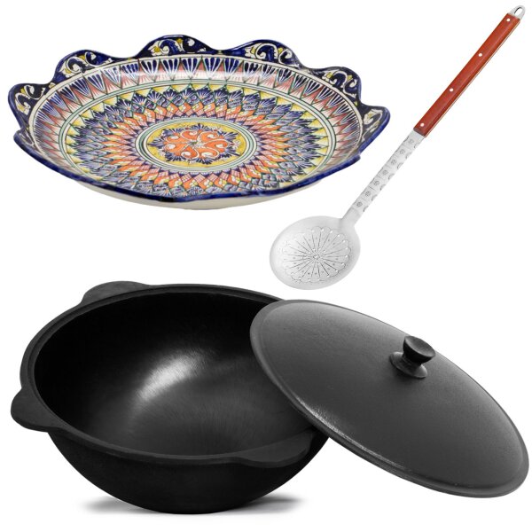 8-22 L Kasan Gusseisen  mit Aluminium Deckel flacher Boden Schaumkelle Lagan handbemalt Original Usbekistan Kochset für Plov Wok Grill