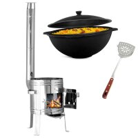 Utschak Edelstahl mit 10L Kazan Gusseisen Aludeckel Pfannenwender Kasan Eintopfofen Gulaschkanone Uchag Campingofen BBQ