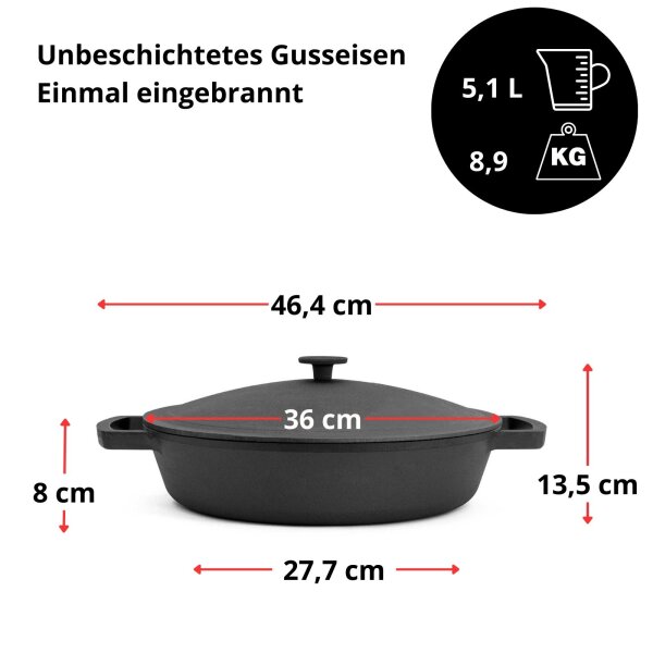Ø36 cm  Gusseisenpfanne mit Deckel aus Gusseisen Bräter Schmortopf aus Gusseisen zwei Griffen Servierpfanne