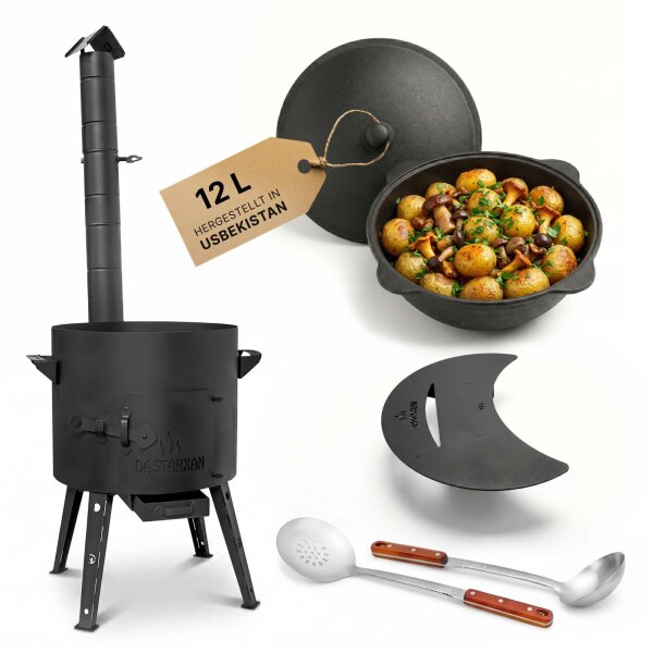 Feuerstelle 40 cm 2mm Stahl mit 12L Gusseisen Kazan Plov Kessel Set Feuerofen Outdoor Küche inkl. Deckel Zubehör Ablagetisch Plov Gulasch Kessel Usbekische Qualität