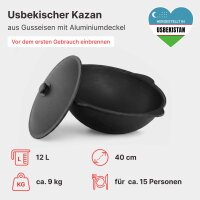 Feuerstelle 40 cm 2mm Stahl mit 12L Gusseisen Kazan Plov Kessel Set Feuerofen Outdoor Küche inkl. Deckel Zubehör Ablagetisch Plov Gulasch Kessel Usbekische Qualität