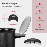 Feuerstelle 40 cm 2mm Stahl mit 12L Gusseisen Kazan Plov Kessel Set Feuerofen Outdoor Küche inkl. Deckel Zubehör Ablagetisch Plov Gulasch Kessel Usbekische Qualität