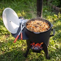 Feuerstelle 40 cm 2mm Stahl mit 12L Gusseisen Kazan Plov Kessel Set Feuerofen Outdoor Küche inkl. Deckel Zubehör Ablagetisch Plov Gulasch Kessel Usbekische Qualität