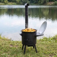 Feuerstelle 40 cm 2mm Stahl mit 12L Gusseisen Kazan Plov Kessel Set Feuerofen Outdoor Küche inkl. Deckel Zubehör Ablagetisch Plov Gulasch Kessel Usbekische Qualität
