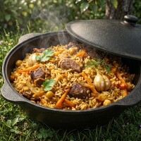 Feuerstelle 40 cm 2mm Stahl mit 12L Gusseisen Kazan Plov Kessel Set Feuerofen Outdoor Küche inkl. Deckel Zubehör Ablagetisch Plov Gulasch Kessel Usbekische Qualität