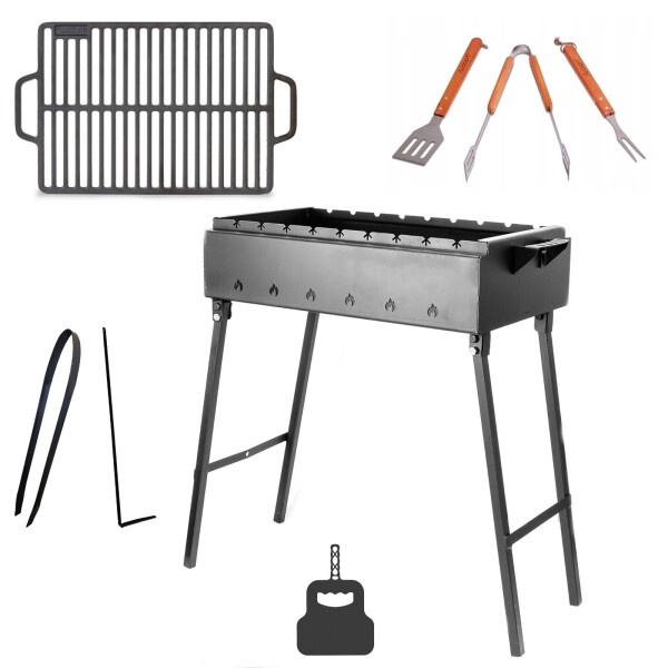 Mangal Stahl 2 mm 80 cm für 12 Spieße Grillrost Gusseisen Griffen, Grillbesteck, Grillfächer, Holzkohlegrill BBQ für Spieße oder Grillrost Schaschlik Shashlychnik Grill