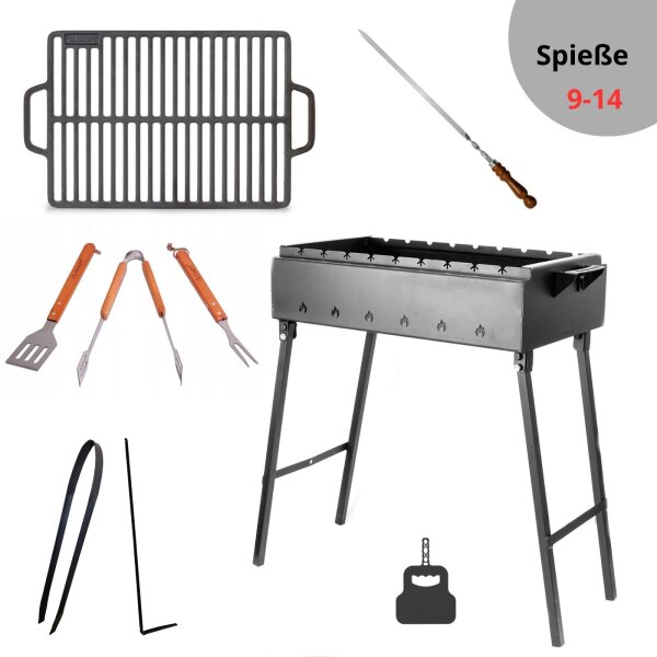 Mangal Stahl 2 mm, 9-14 Spieße, Grillrost Gusseisen Griffen, Grillbesteck, Grillfächer, Holzkohlegrill BBQ für Spieße oder Grillrost Schaschlik Shashlychnik Grill